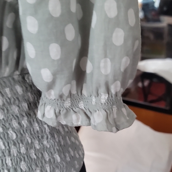 Abercrombie & Fitch Green with White polka Dots Puff Sleeve Blouse - Picture 6 of 10